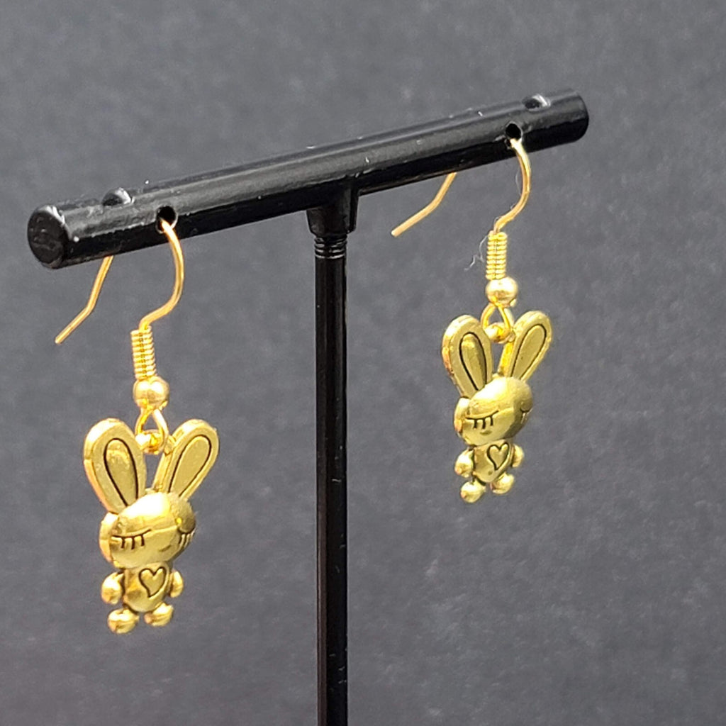 Bunny Pierced Earrings Heart Shirt Dangle Gold tone 3/4"