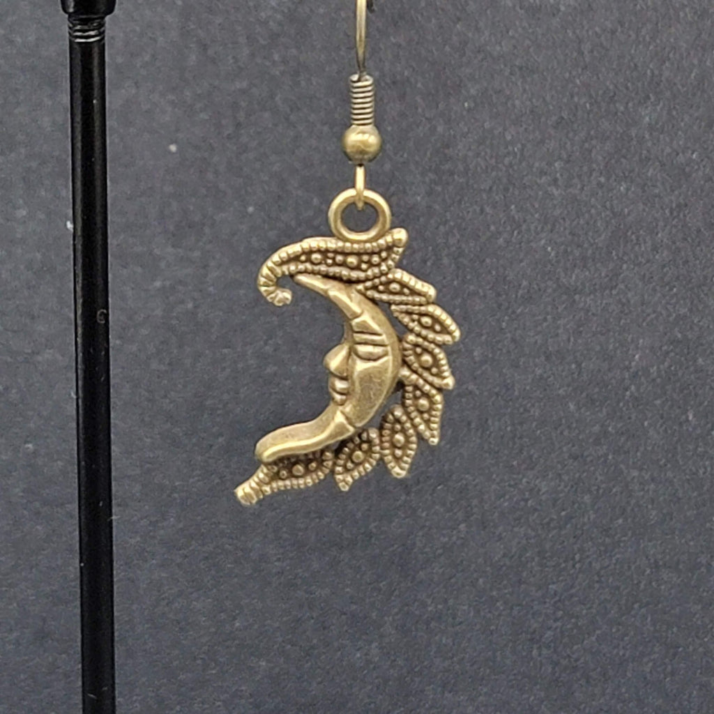 New Moon Face Pierced Earrings Bronze tone Dangle Embossed 1"
