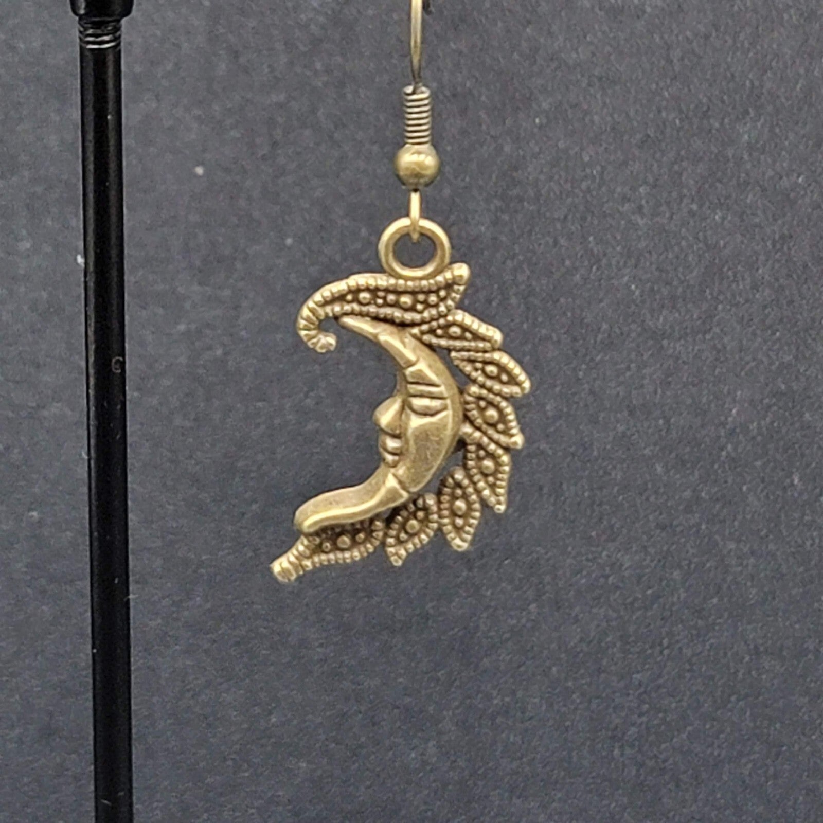 New Moon Face Pierced Earrings Bronze tone Dangle Embossed 1"