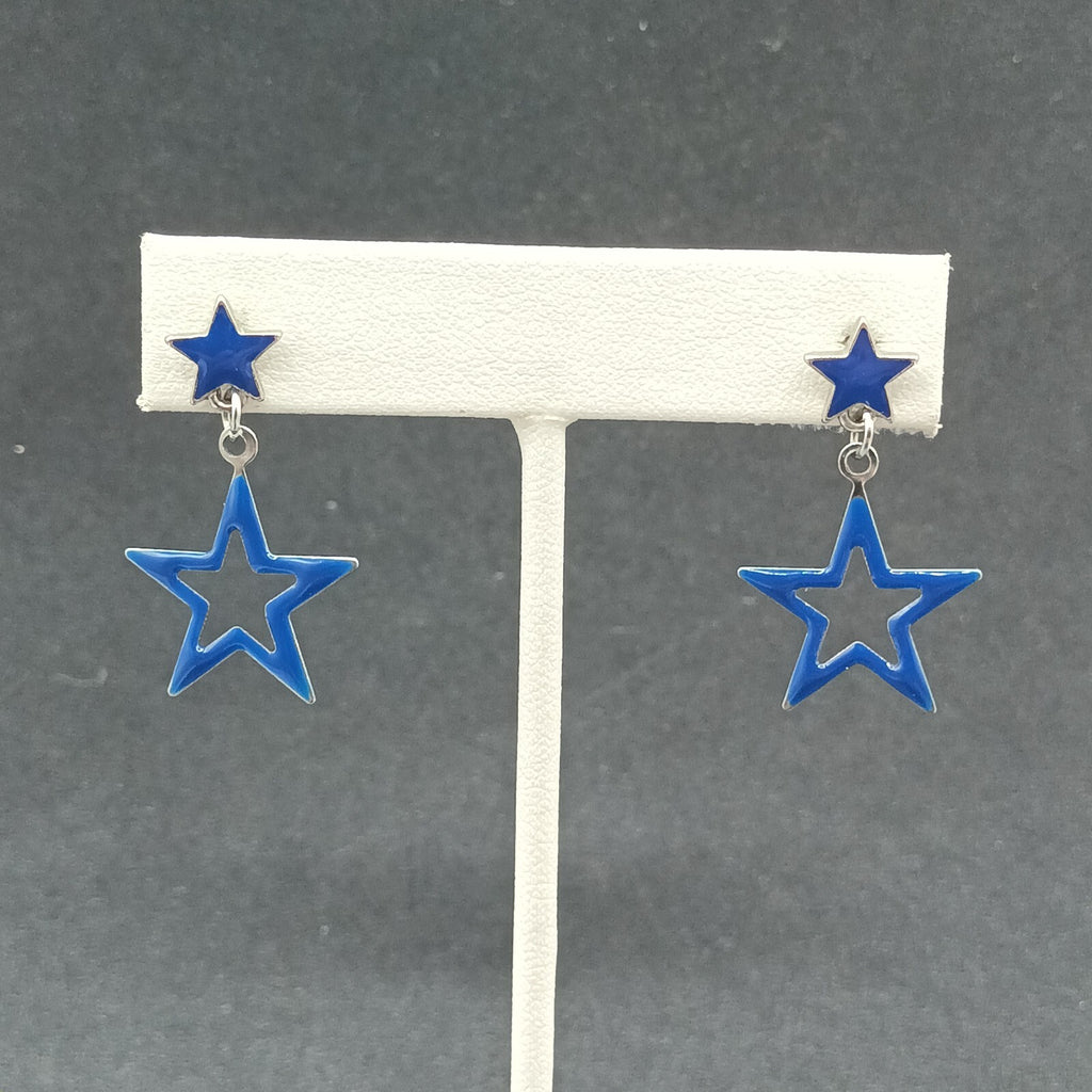 Lot of 2 Pairs Pierced Earrings Red Blue Enamel Silver tone Star Dangle 1 1/4"