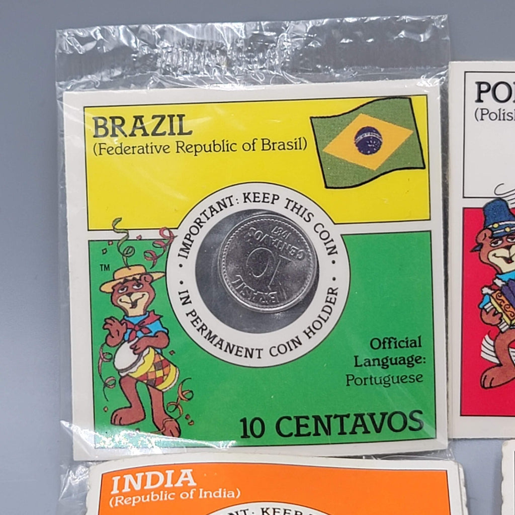 Foreign Coins Sugar Crisp Cereal Toy Lot Of 4 - Finland Poland Brazil India