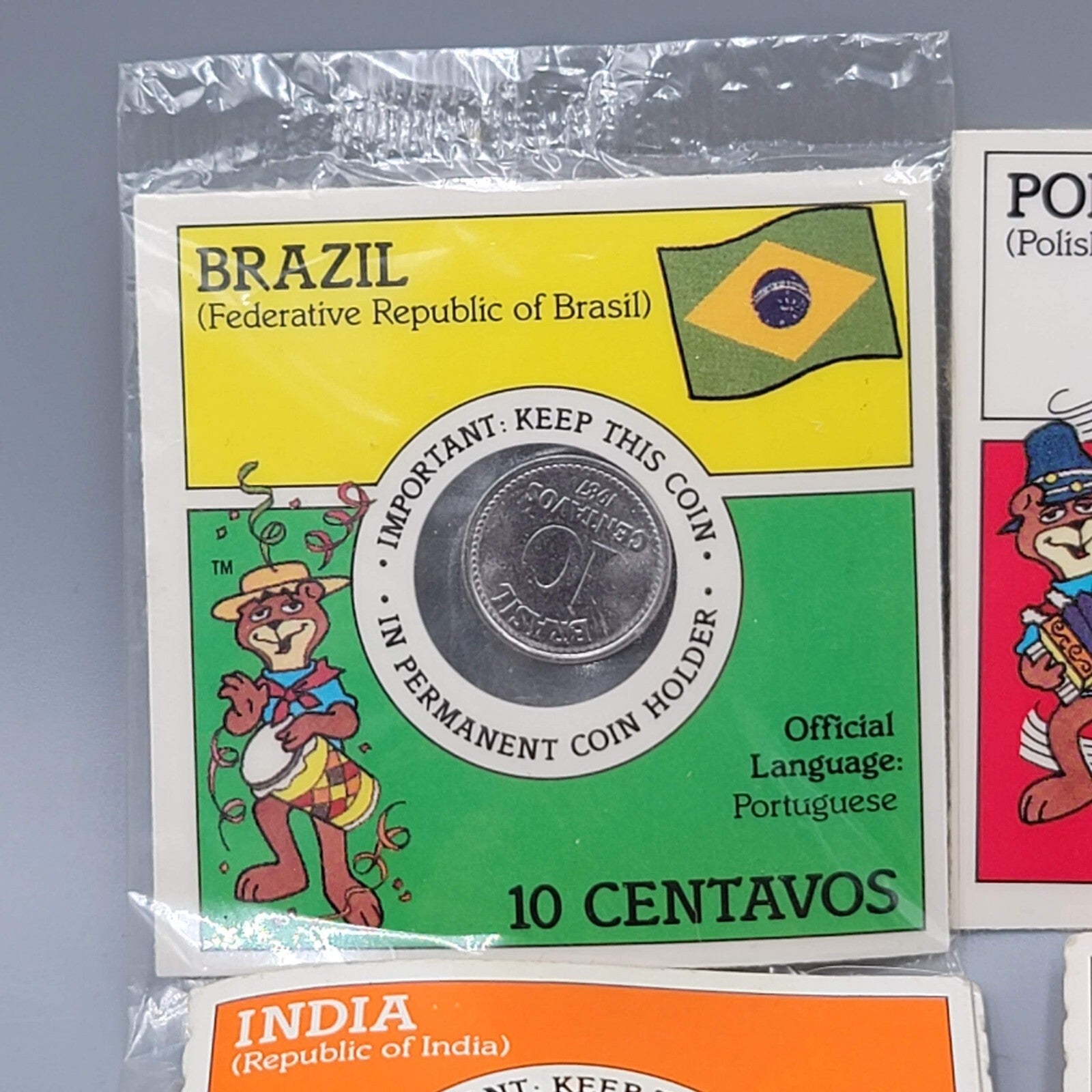 Foreign Coins Sugar Crisp Cereal Toy Lot Of 4 - Finland Poland Brazil India