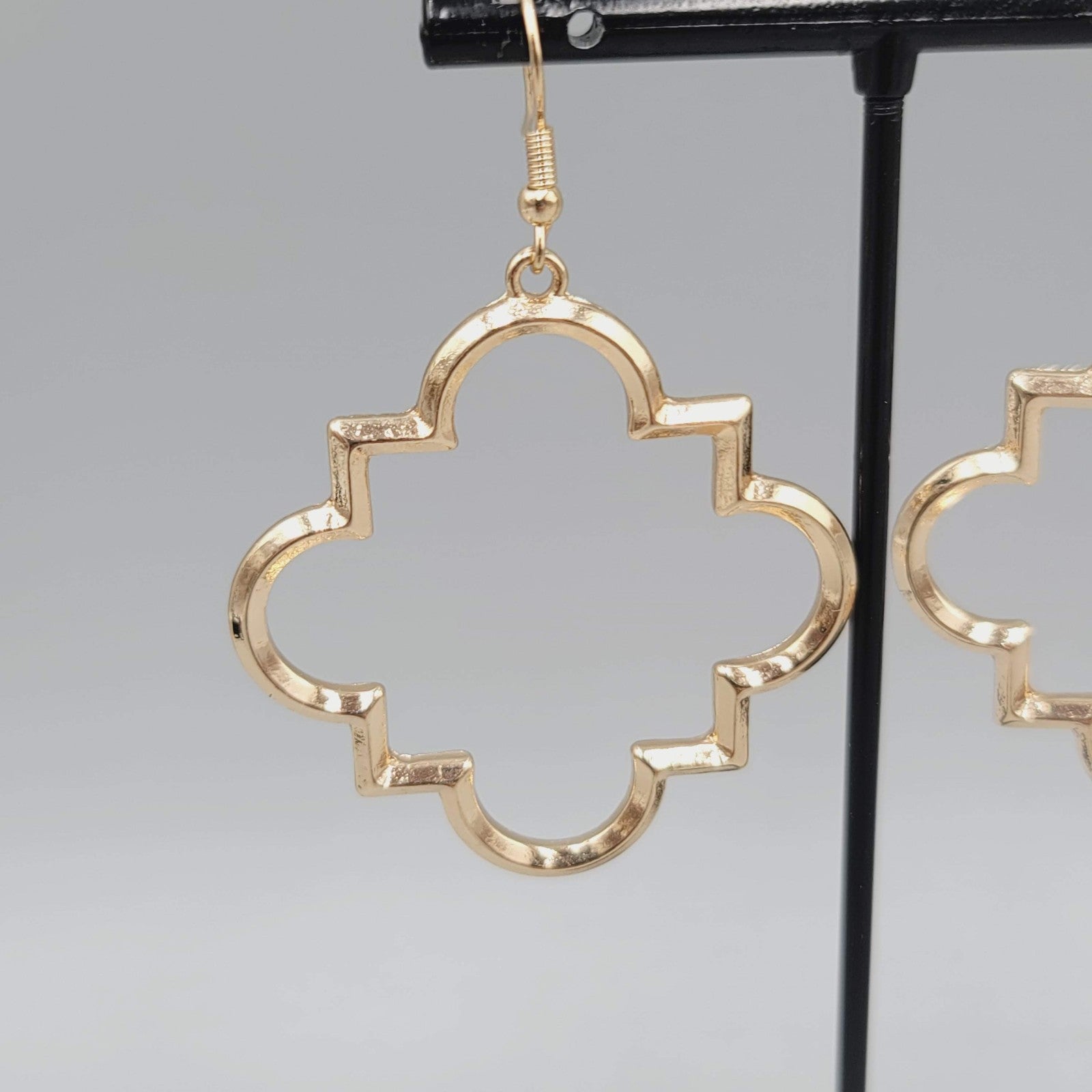 Pierced Earrings Open Work Gold tone Dangle Geometric  1.75"