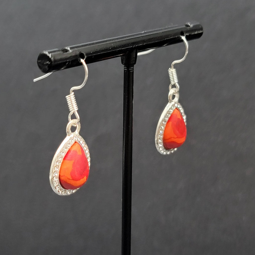 Pierced Earrings Silver tone Red Orange Polymer Clay Teardrop Rhinestone 3/4"