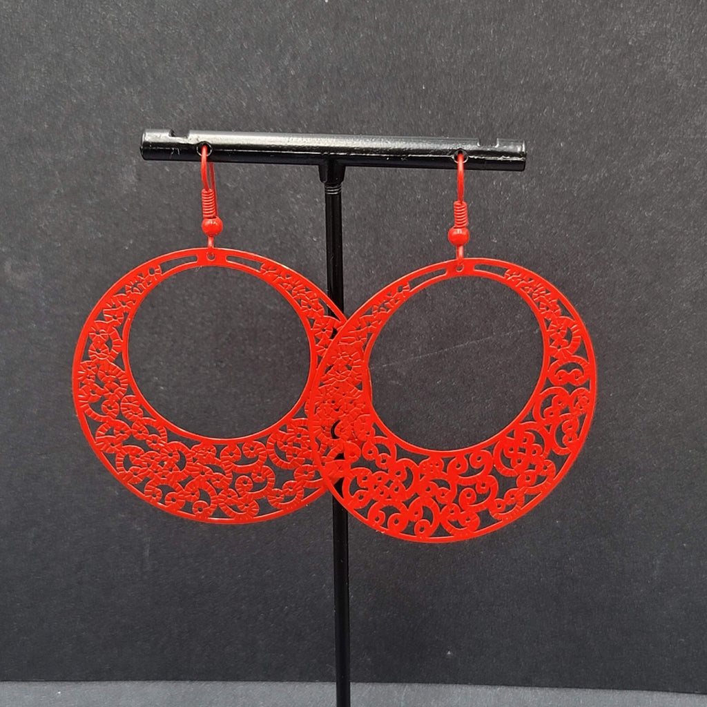 Pierced Earrings Red Enamel Filagree Statement Hoops 2"