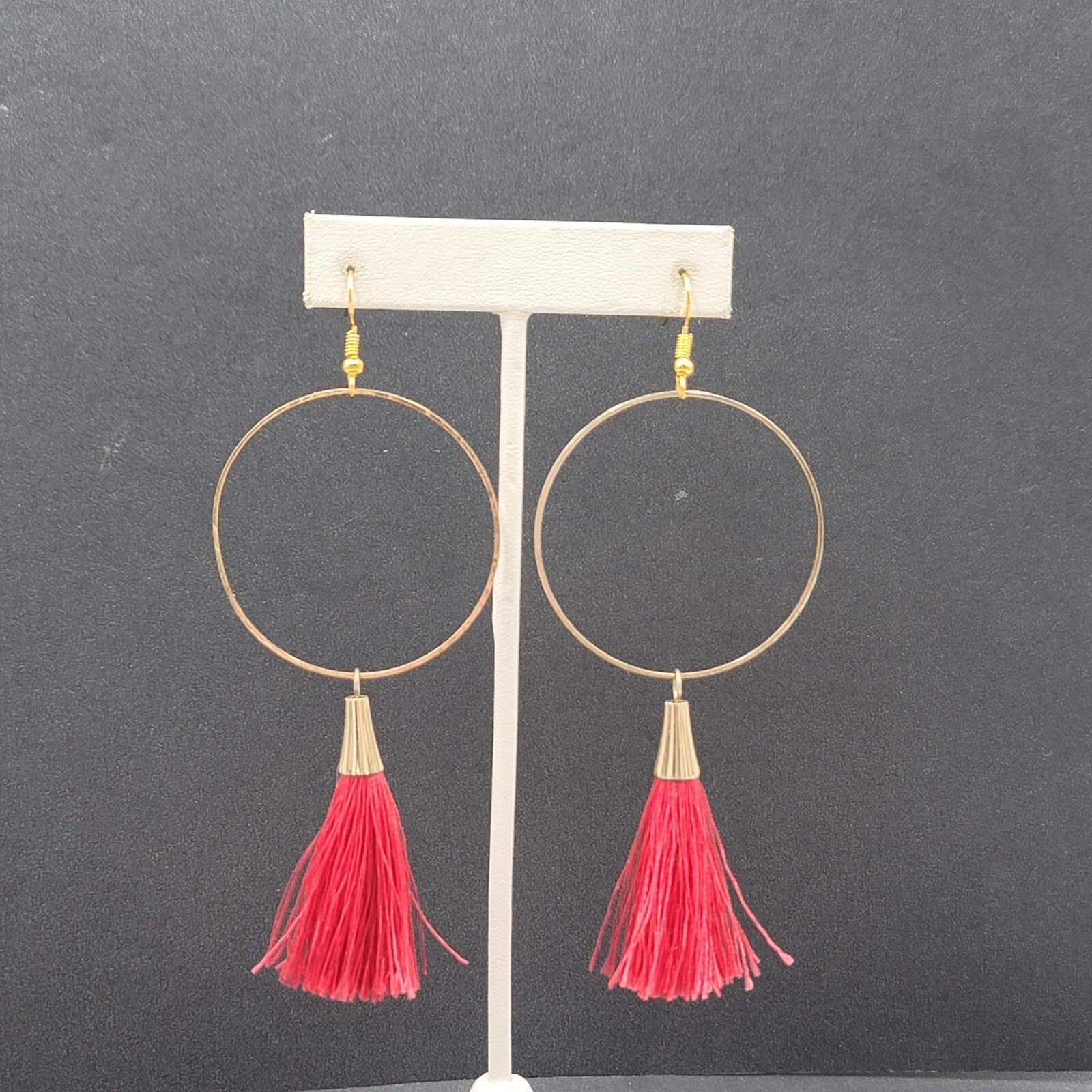 Pierced Earrings Gold tone Red Tassel Statement Dangle 3.5"