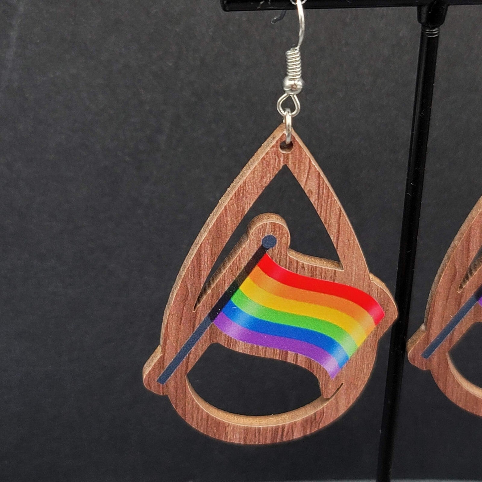 New PRIDE FLAG Pierced Earrings Rainbow Wood Teardrop Dangle 2.25"