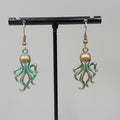 Octopus Beach Sea life Pierced Earrings Bronze tone Green wash Dangle 1 1/8"