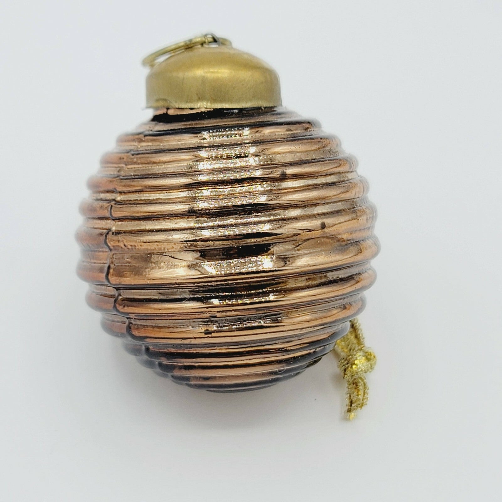 Vintage Blown Ribbed Glass Kugel Style Bronze tone Ball Christmas Ornament 1.75"