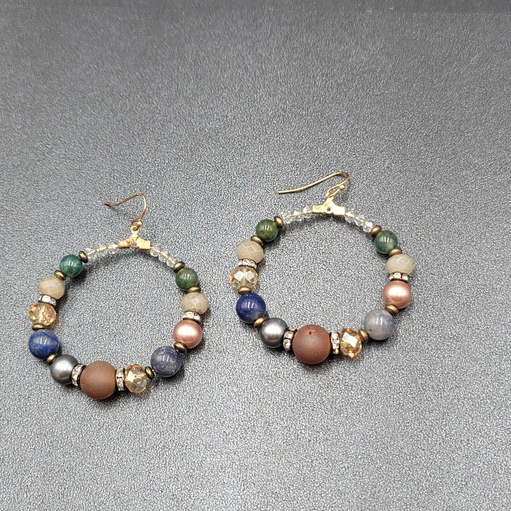 Pierced Earrings Multicolor Stones and Beads Large Hoops 2"