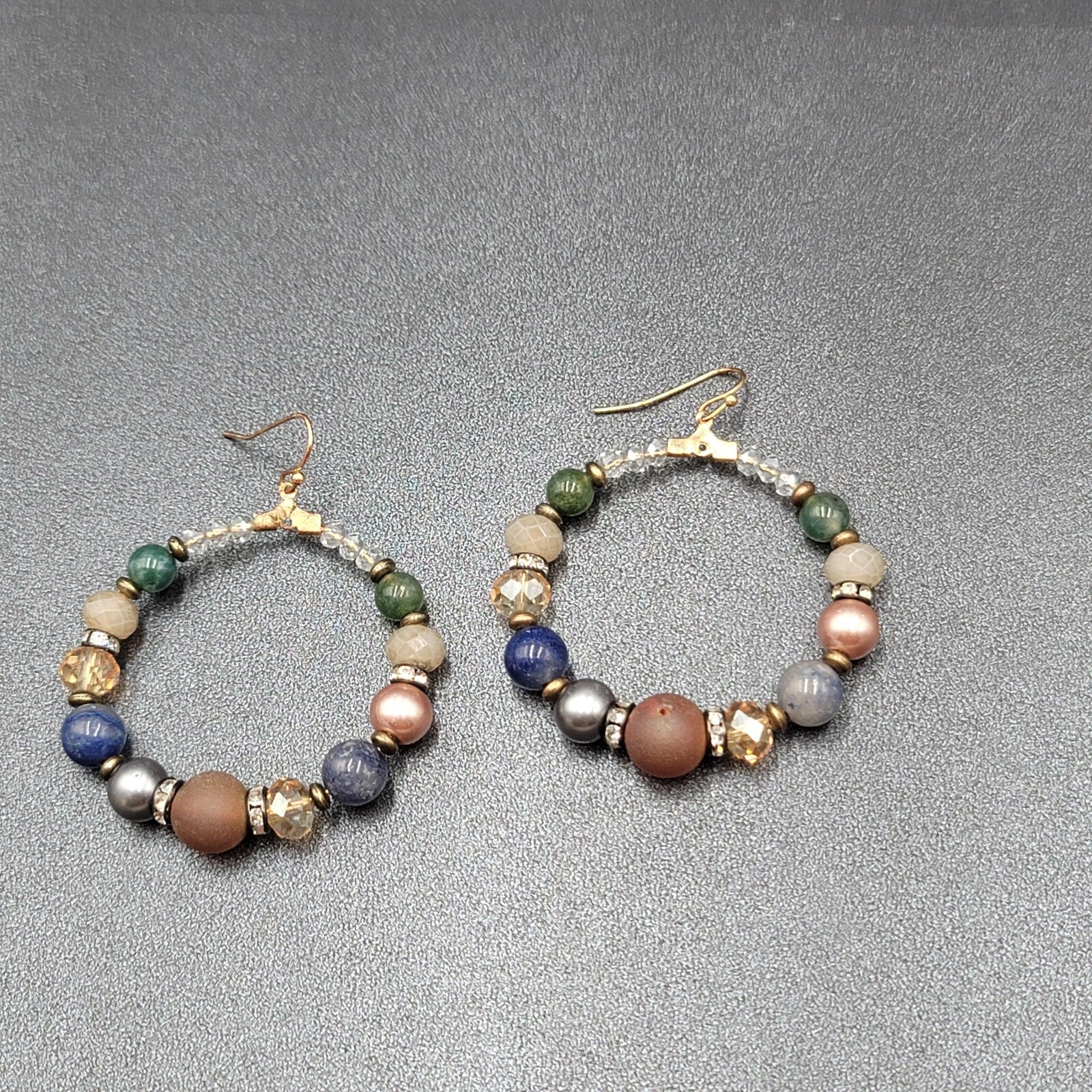 Pierced Earrings Multicolor Stones and Beads Large Hoops 2"