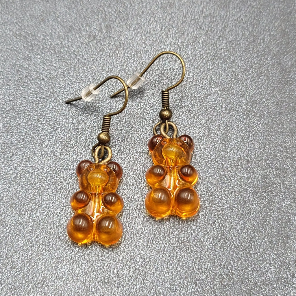 New Orange Gummy Bear Pierced Earrings Bronze tone Hooks Dangle 3/4"