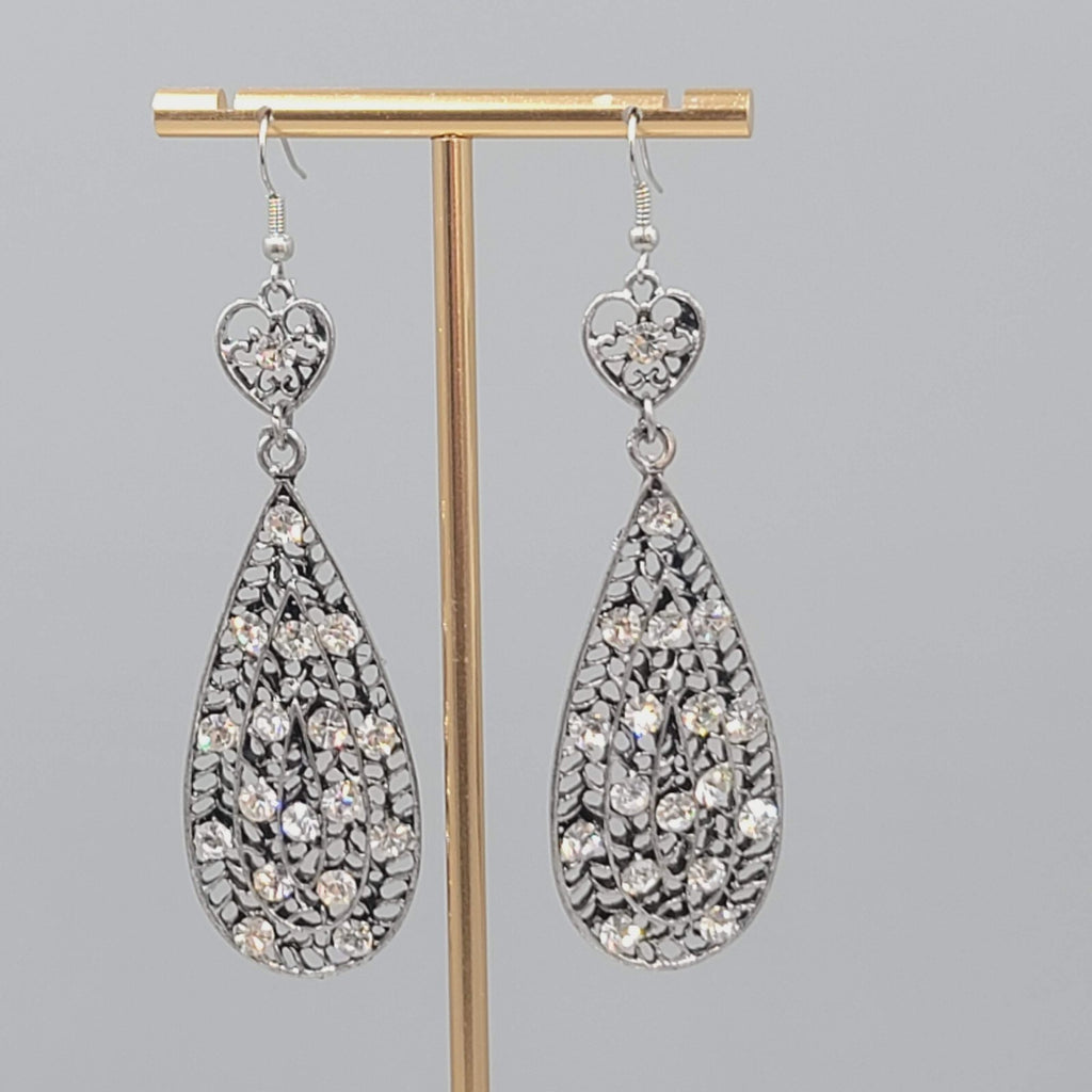 Heart Rhinestone Pierced Earrings Oxidized Silver tone Dangle Long 2.75"