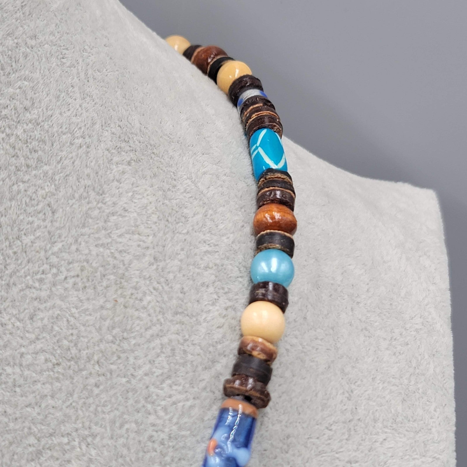 Artisan Beaded Necklace Wood Coconut Art Glass Blue Brown Beige Button Close 17"