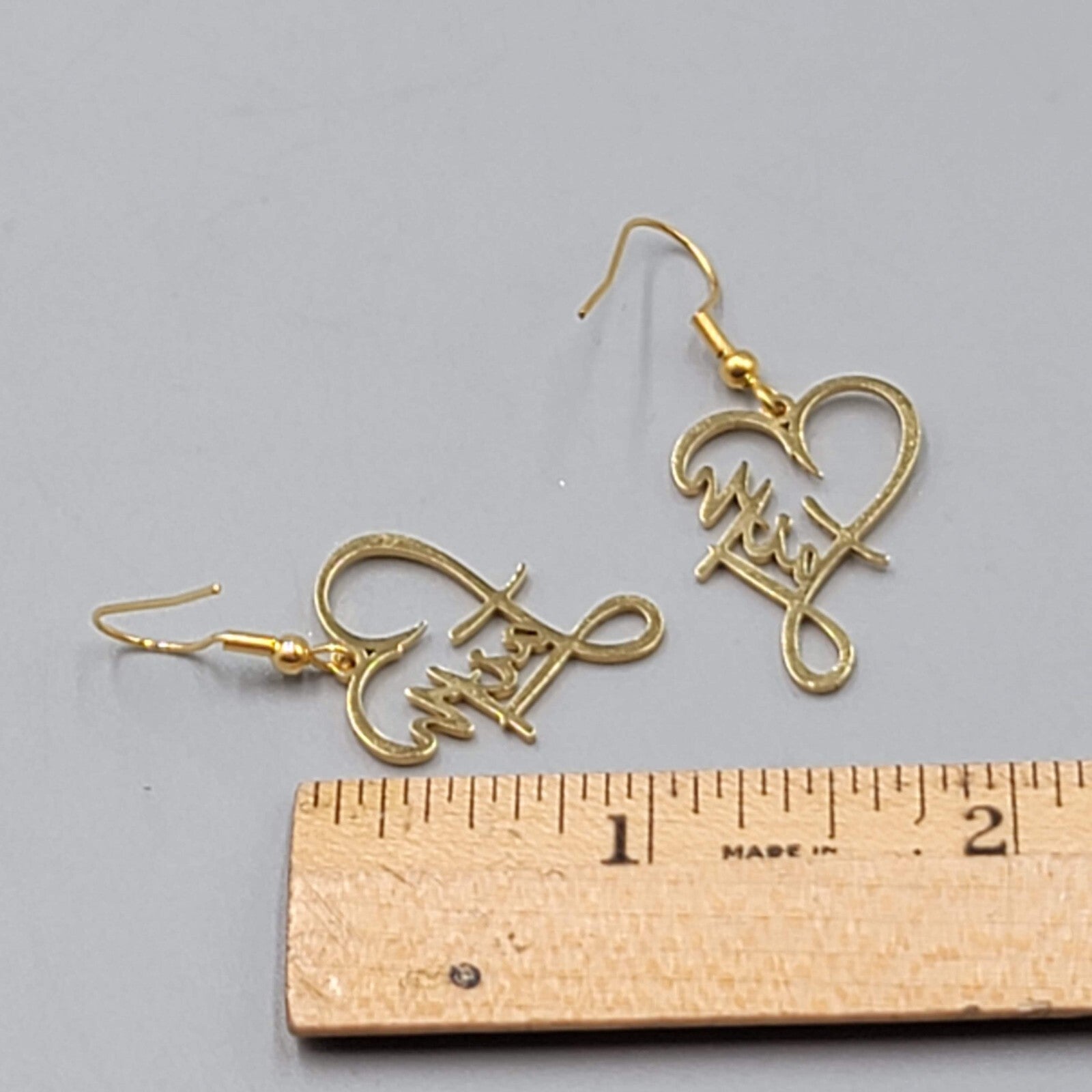 Faith Heart Pierced Earrings Gold tone Dangle 1"