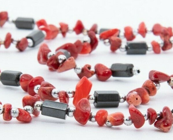 Magnetic Therapy Wrap Bracelet Necklace Anklet Red Stone Silvertone Hematite 33"