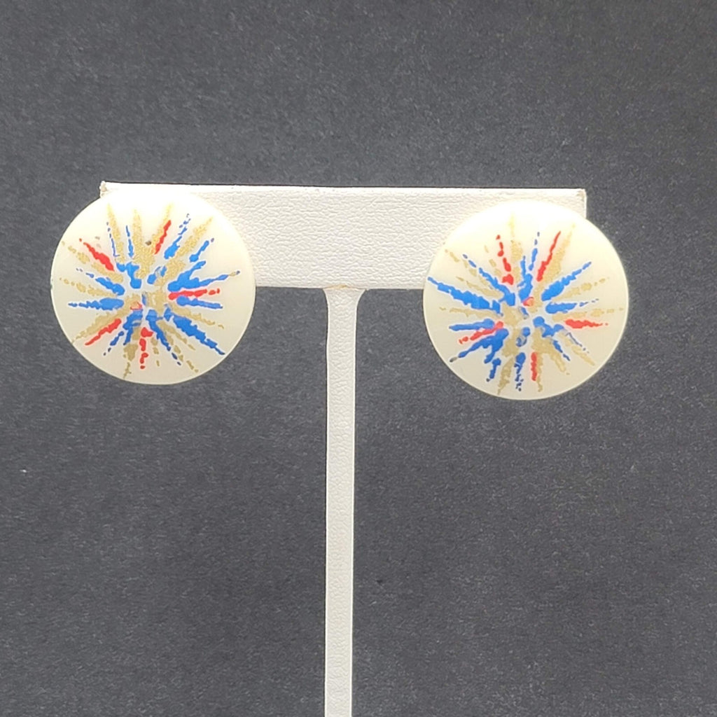 Vintage Pierced Earrings Acrylic White Red Blue Gold Artistic Round Drop 1 1/8"