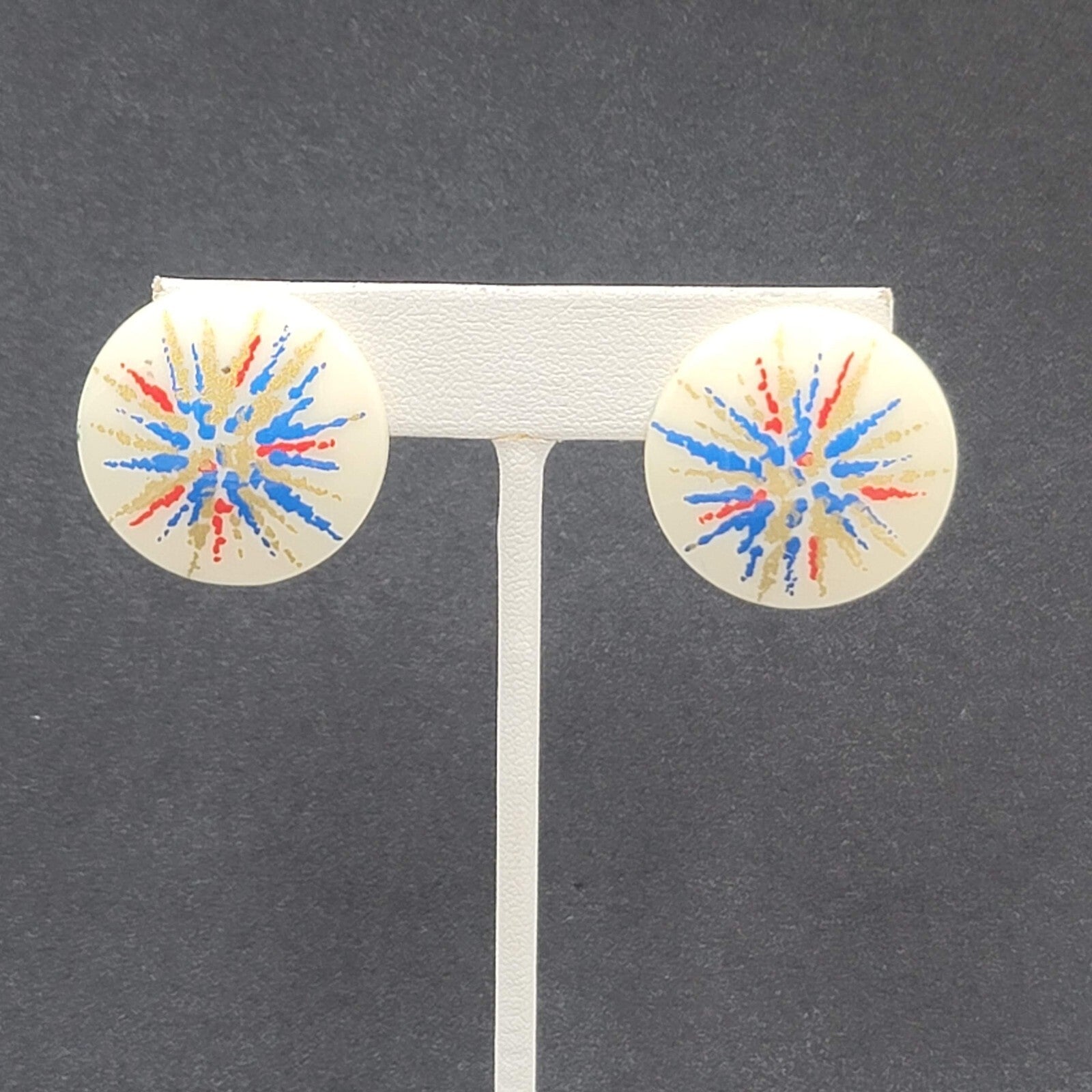 Vintage Pierced Earrings Acrylic White Red Blue Gold Artistic Round Drop 1 1/8"