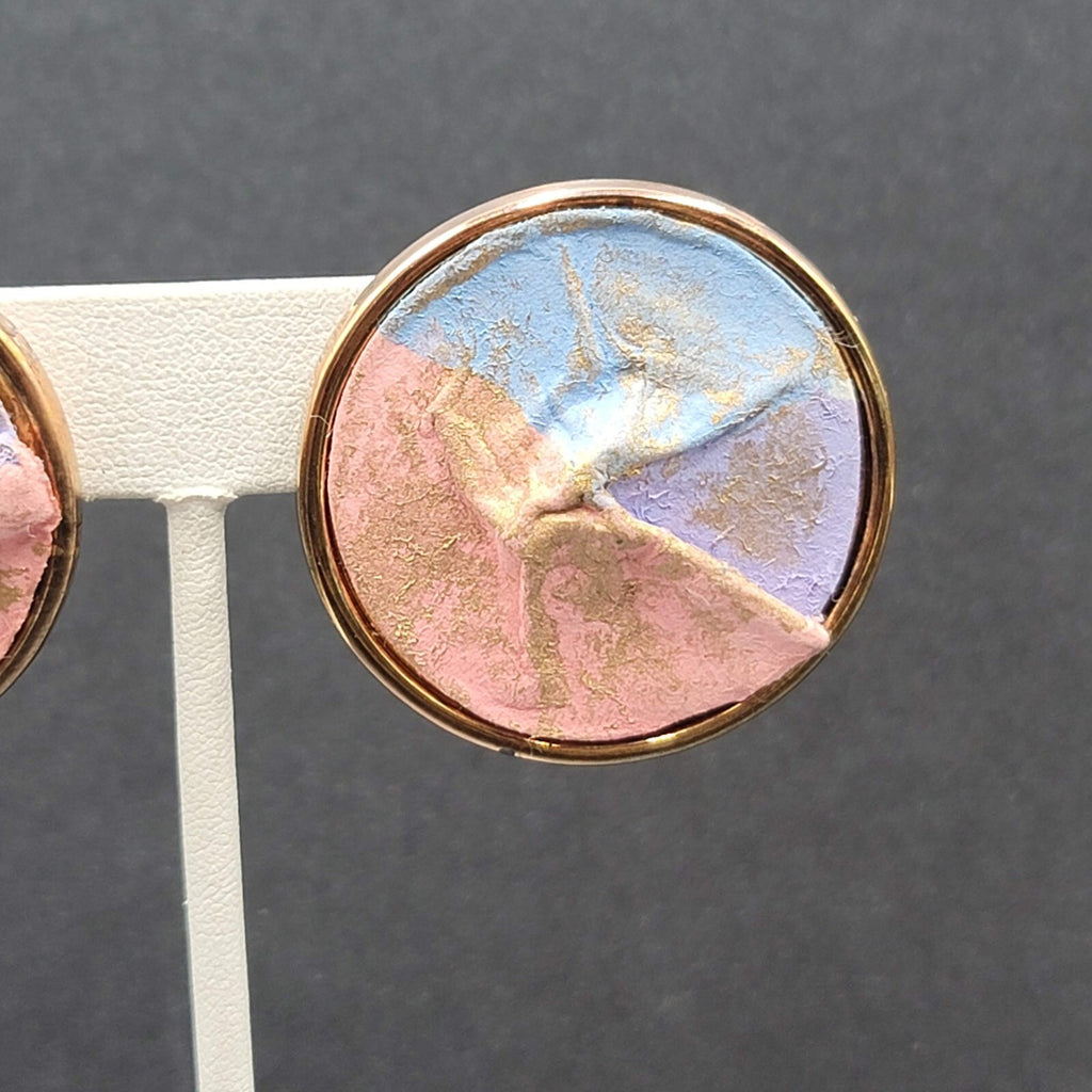 Vintage Pierced Earrings Gold tone Pink Purple Pastel Disc  1.5"
