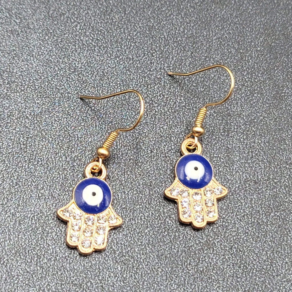 Hamsa Evil Eye Pierced Earrings Gold tone Enamel Rhinestone Dangle 7/8" New