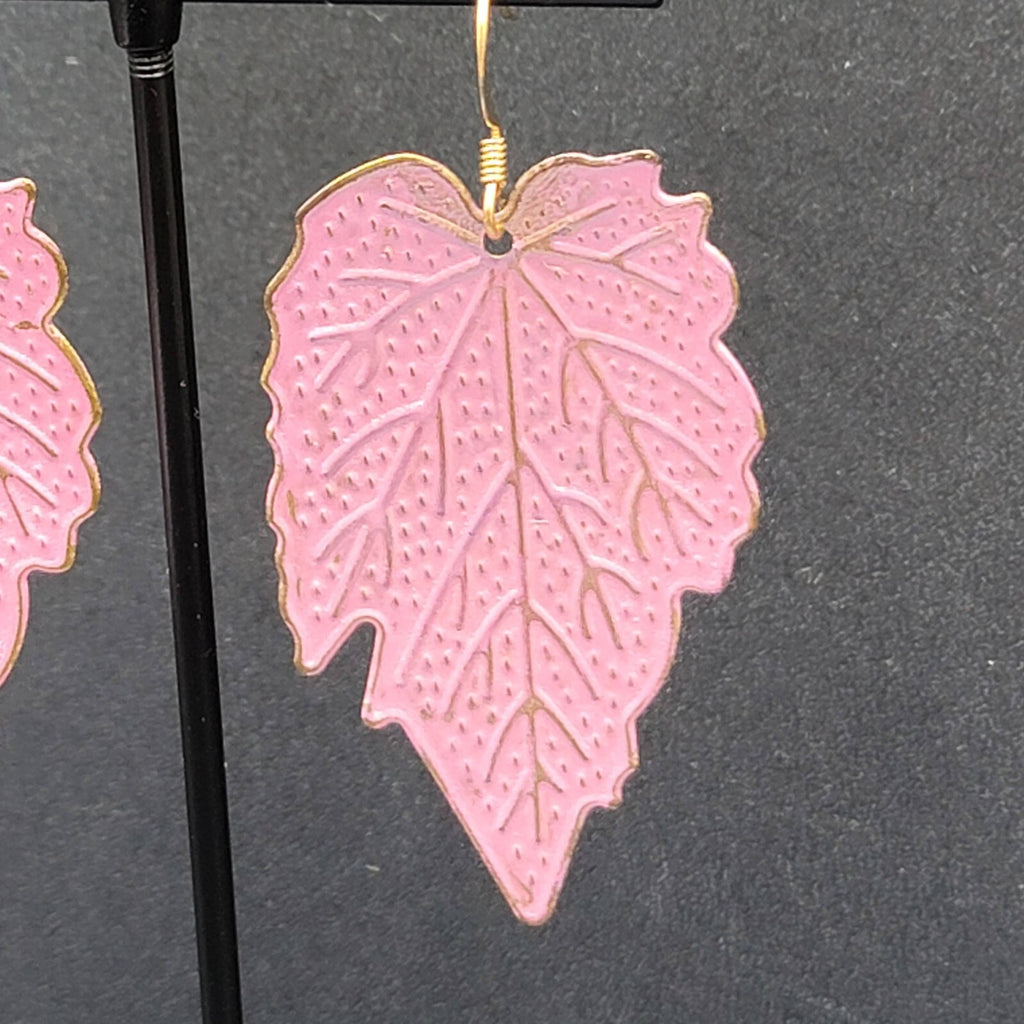 Pierced Earrings Gold tone Pink Enamel Large Statement Dangle Leaves Lightweight