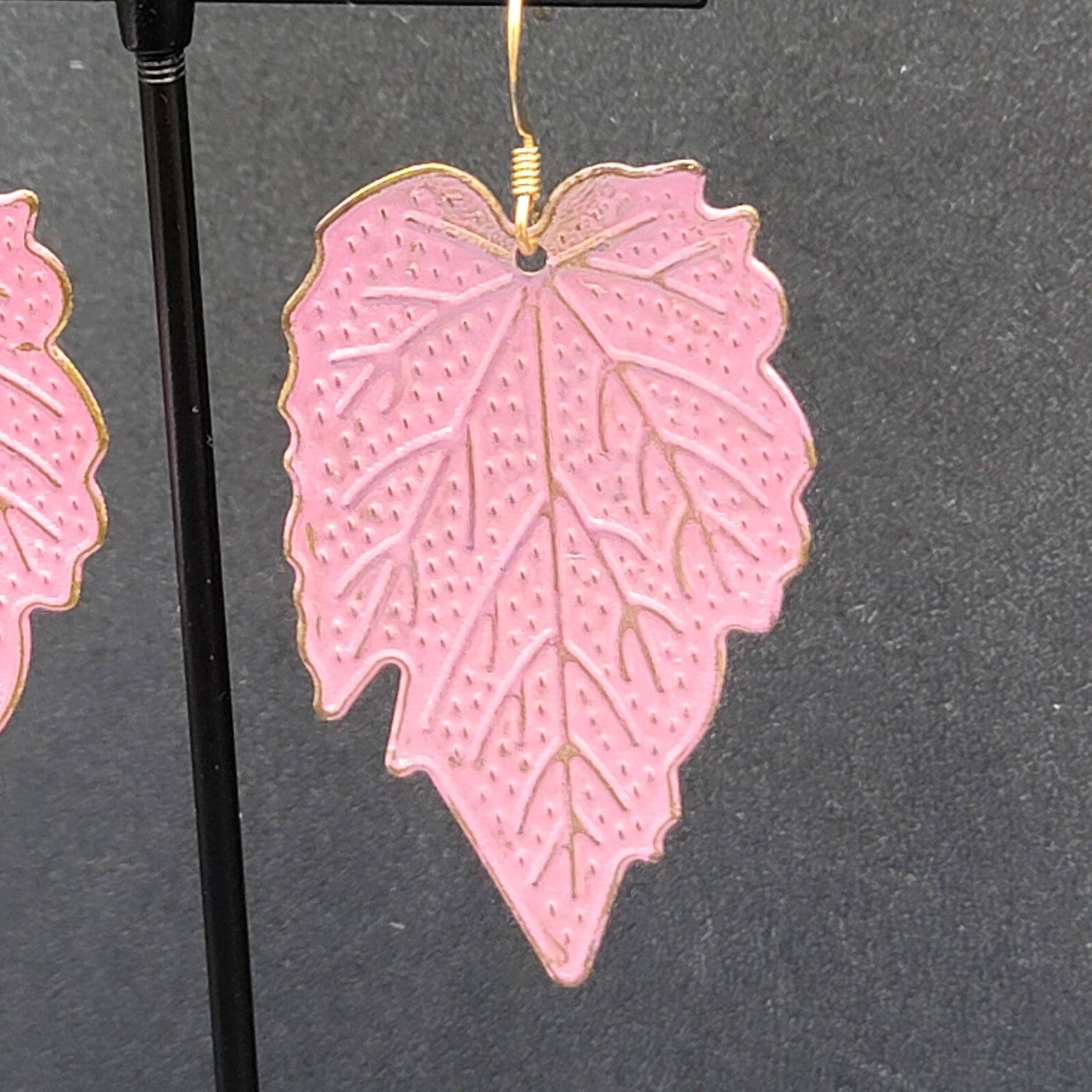 Pierced Earrings Gold tone Pink Enamel Large Statement Dangle Leaves Lightweight