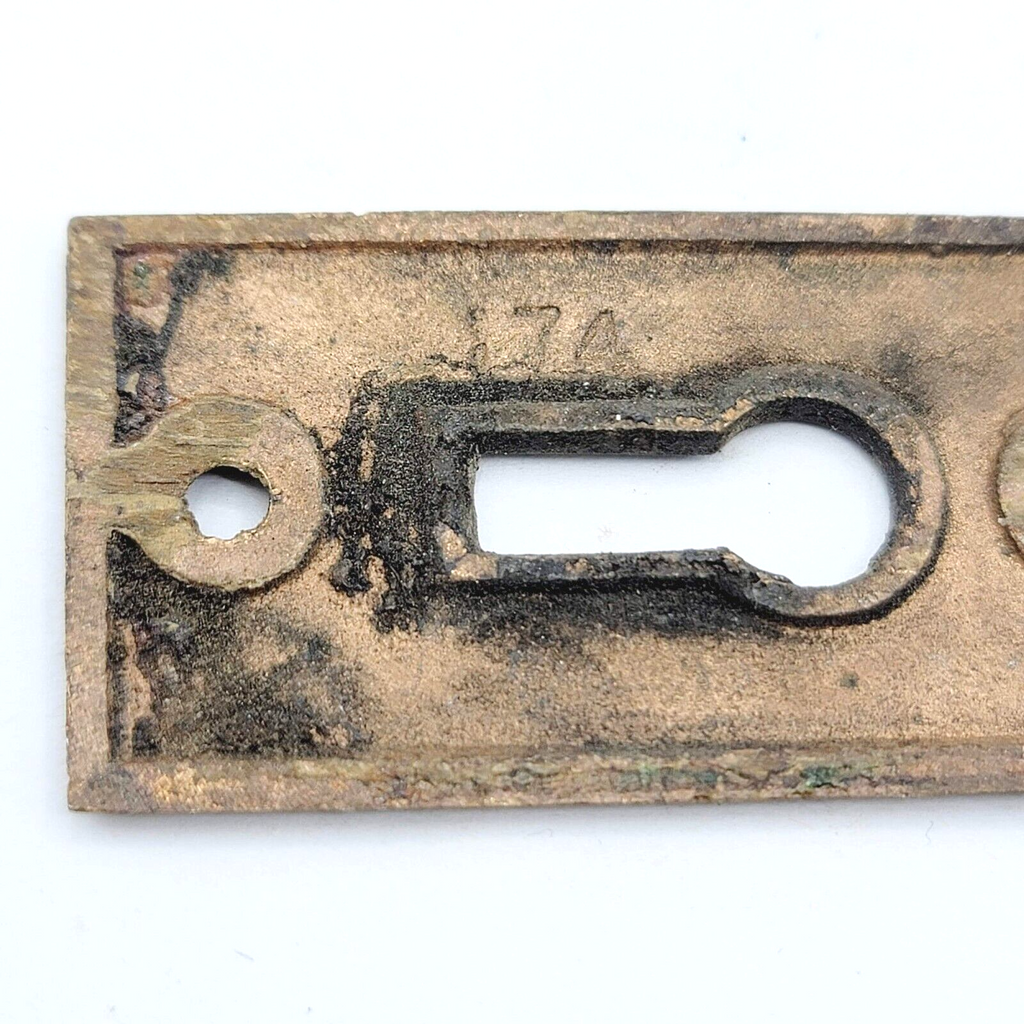 Vintage Brass Rectangle Skeleton Key hole Escutcheon Salvage 1 7/8" x 1"