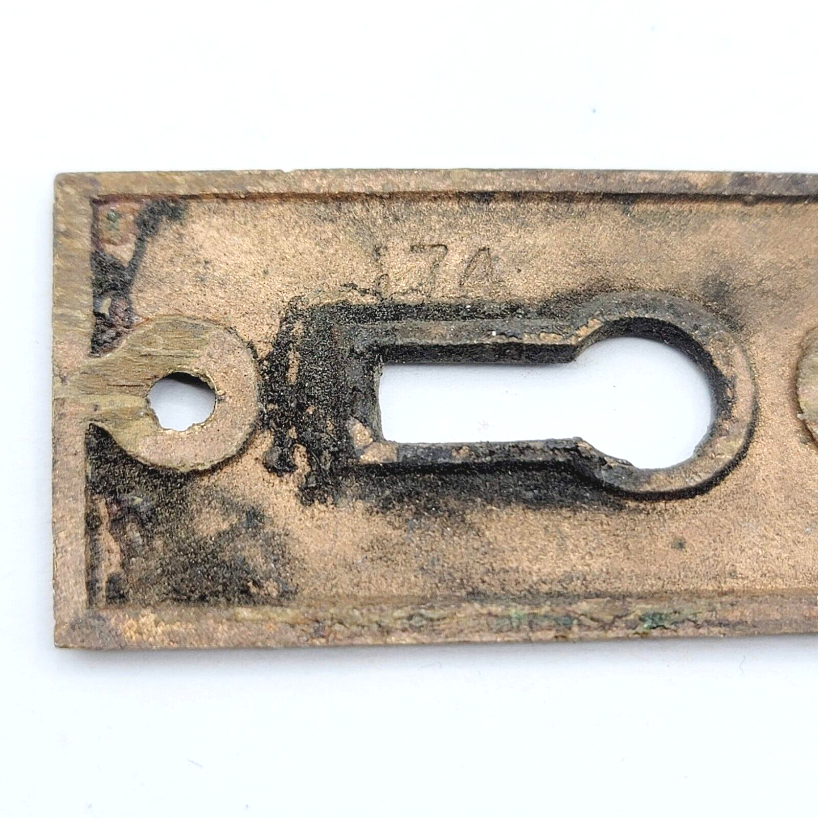 Vintage Brass Rectangle Skeleton Key hole Escutcheon Salvage 1 7/8" x 1"