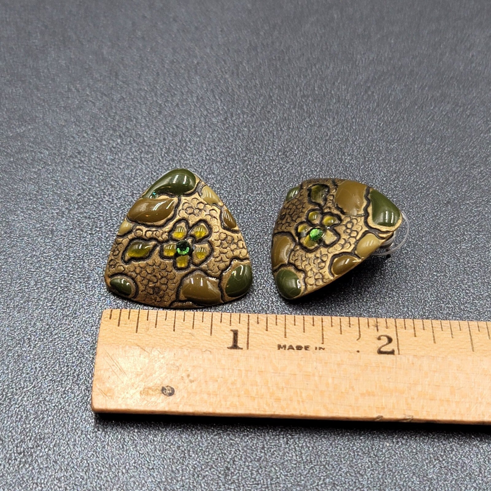 Pierced Earrings Bronze tone Green Rhinestone Enamel Triangle 1"