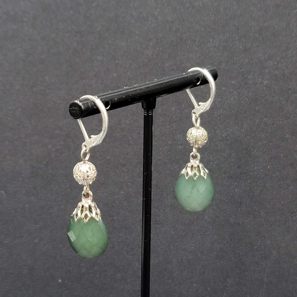 Pierced Earrings Lightweight Green Teardrop Bead Silver tone Dangle 1.25"