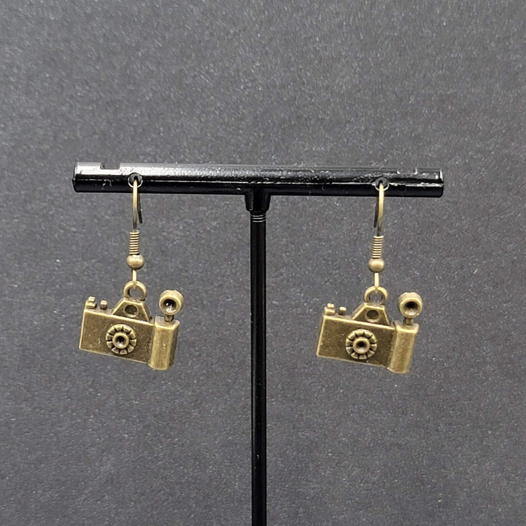 Camera Pierced Earrings Retro Bronze tone Dangle 1/2"