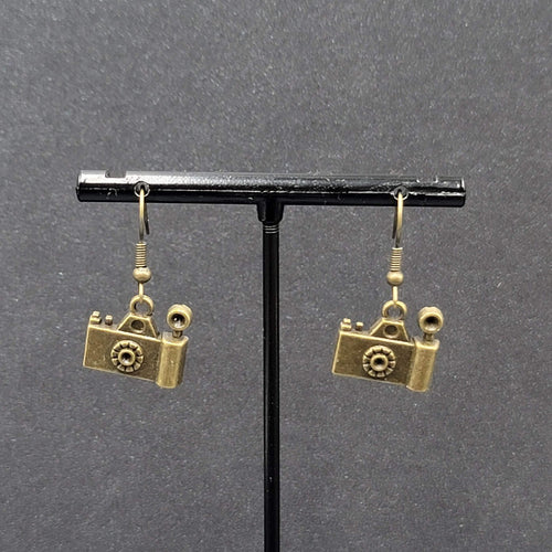 Camera Pierced Earrings Retro Bronze tone Dangle 1/2"