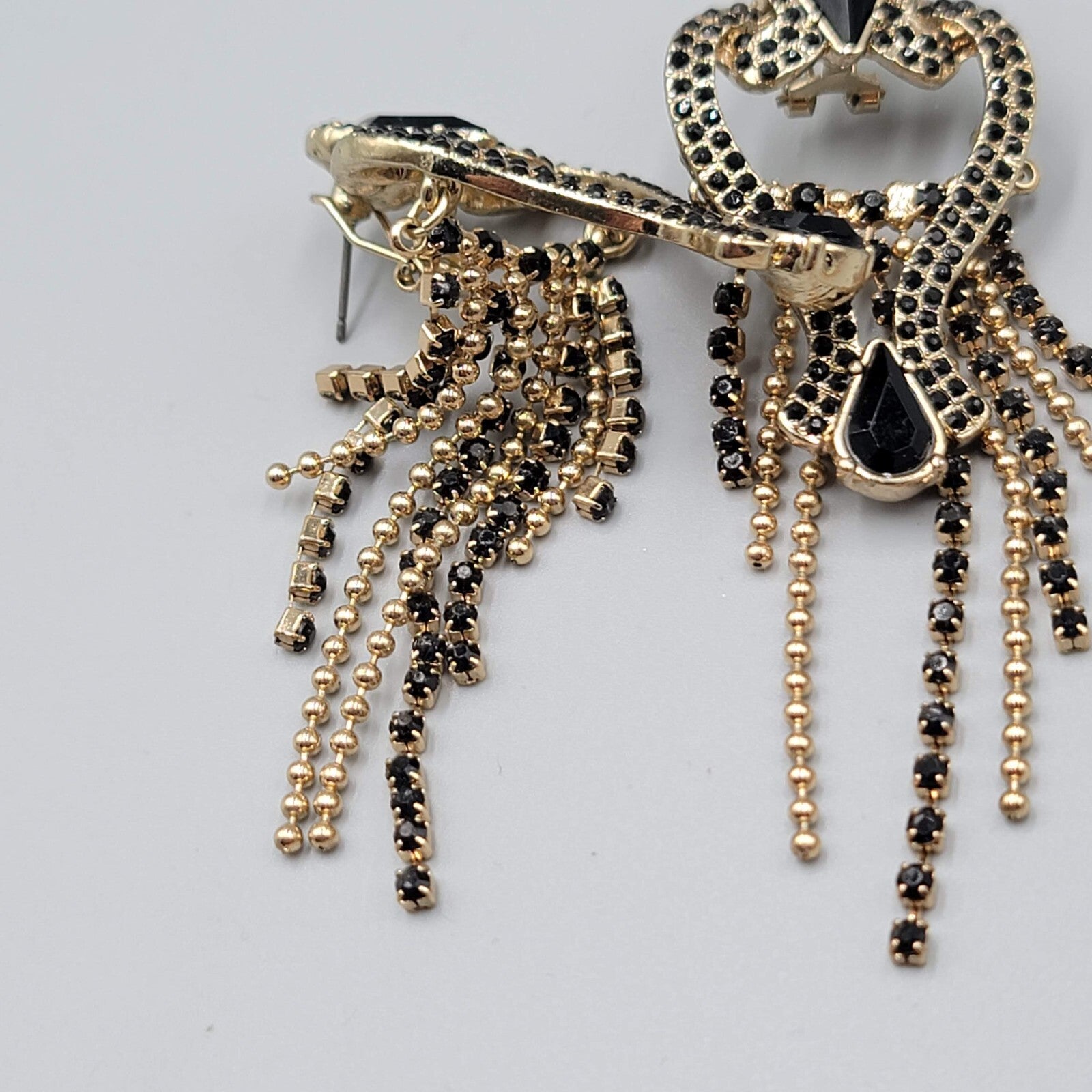 Statement Pierced Earrings Gold tone Black Rhinestone Chandelier Long 3.25"