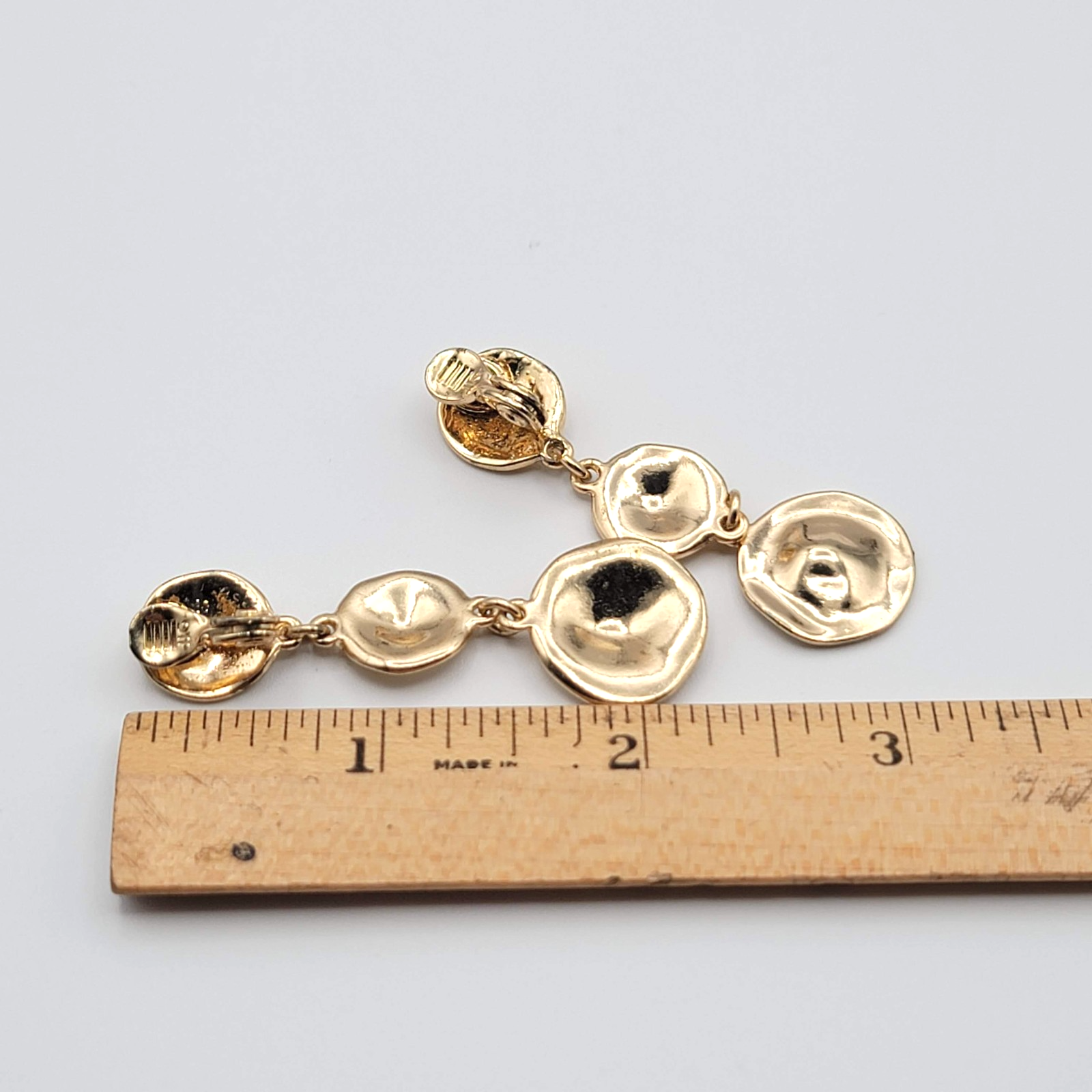 Vintage Triple Round Clip on Earrings Gold tone Dangle Signed 2.25 in