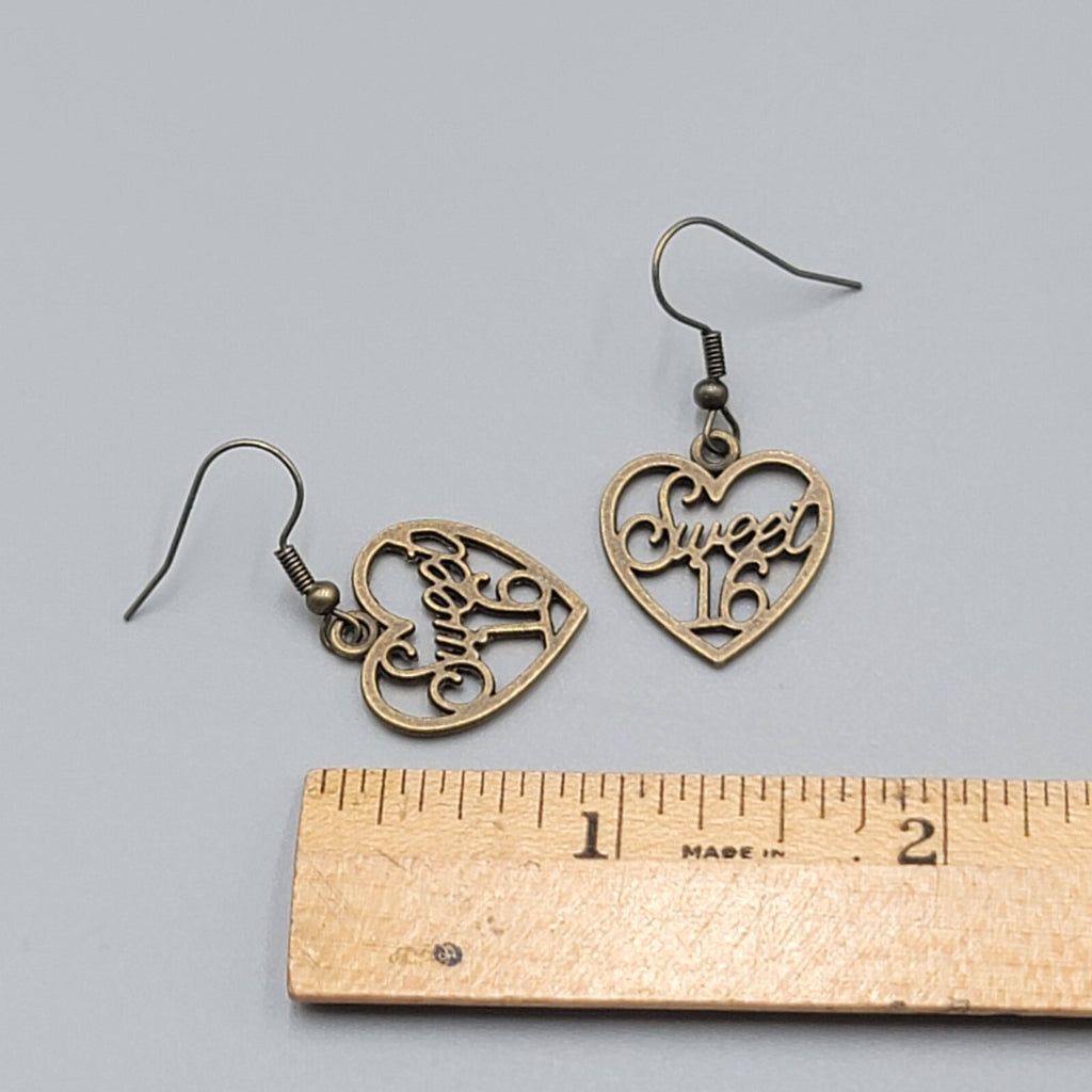 Sweet 16 Heart Pierced Earrings New Bronze tone Dangle 7/8"