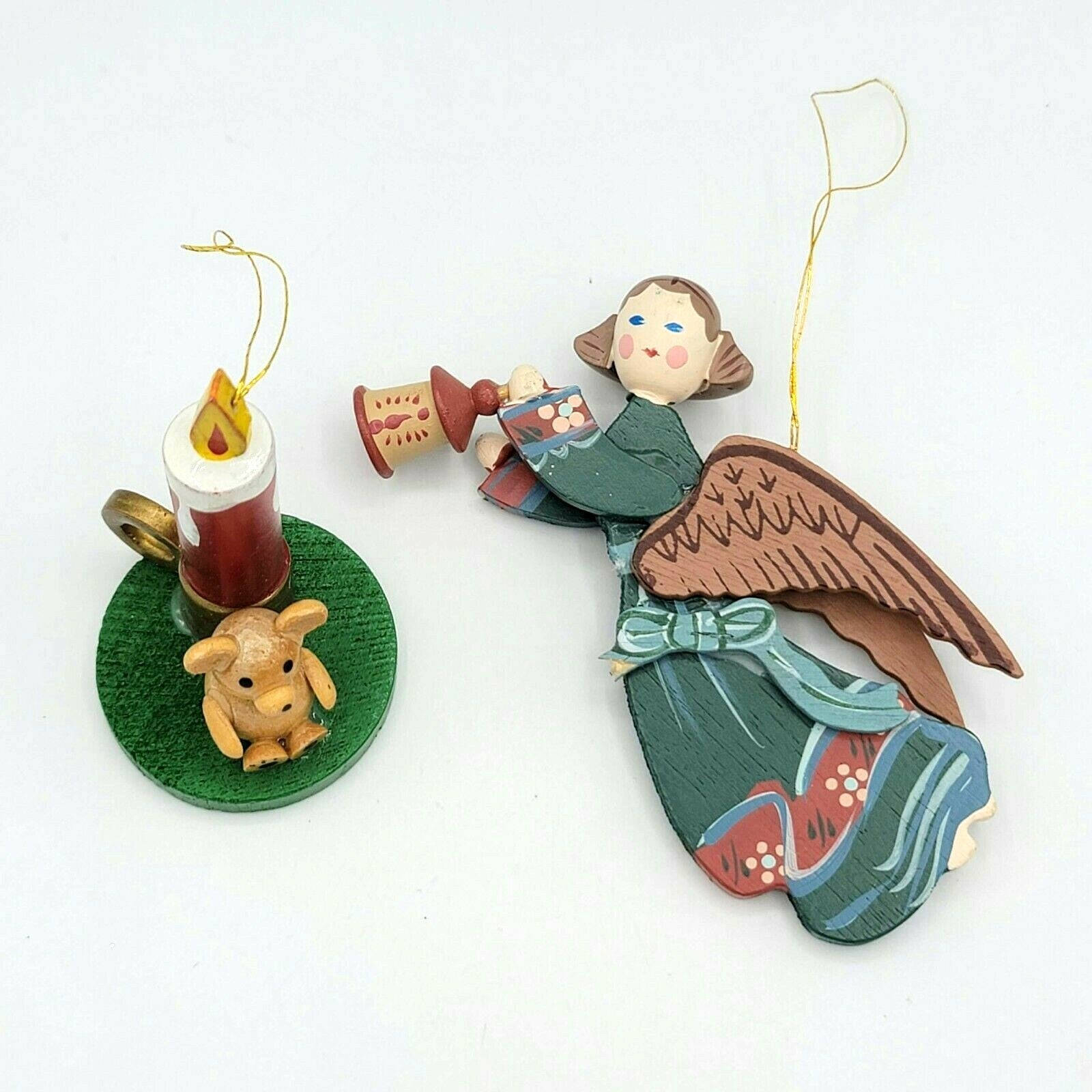Wood Christmas Ornaments Lot of 2 Hand Painted Angel Trumpet Candle Teddy Bear