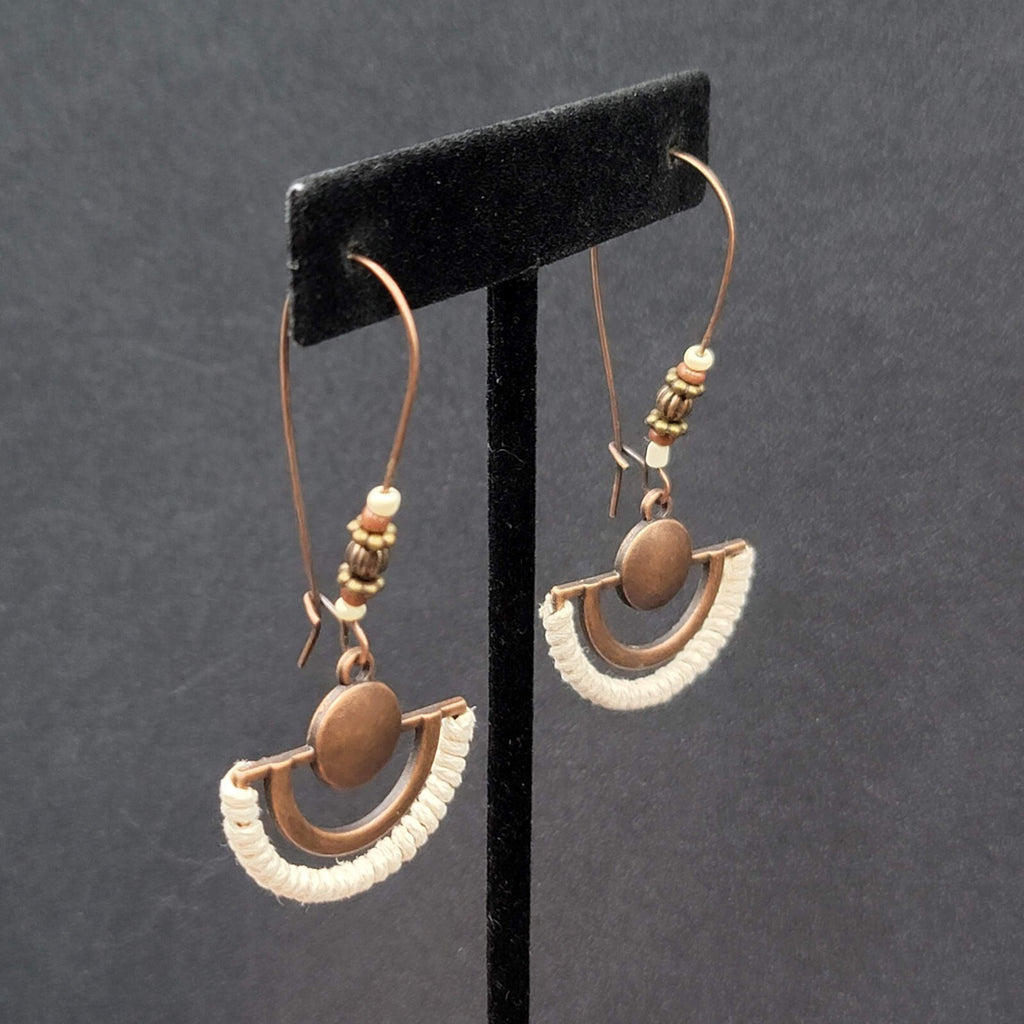 New Boho Pierced Earrings Copper tone Beaded White Dangle Large Hook 2.25"