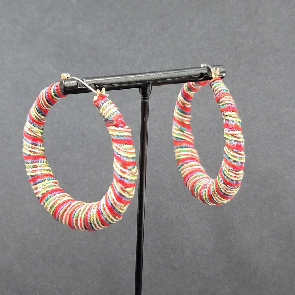 Pierced Earrings Plaid Fabric Wrapped Large Hoops  2"