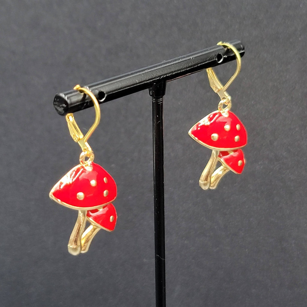 Double Mushroom Pierced Earrings Gold tone Enamel Red White Polka Dot Dangle 1"