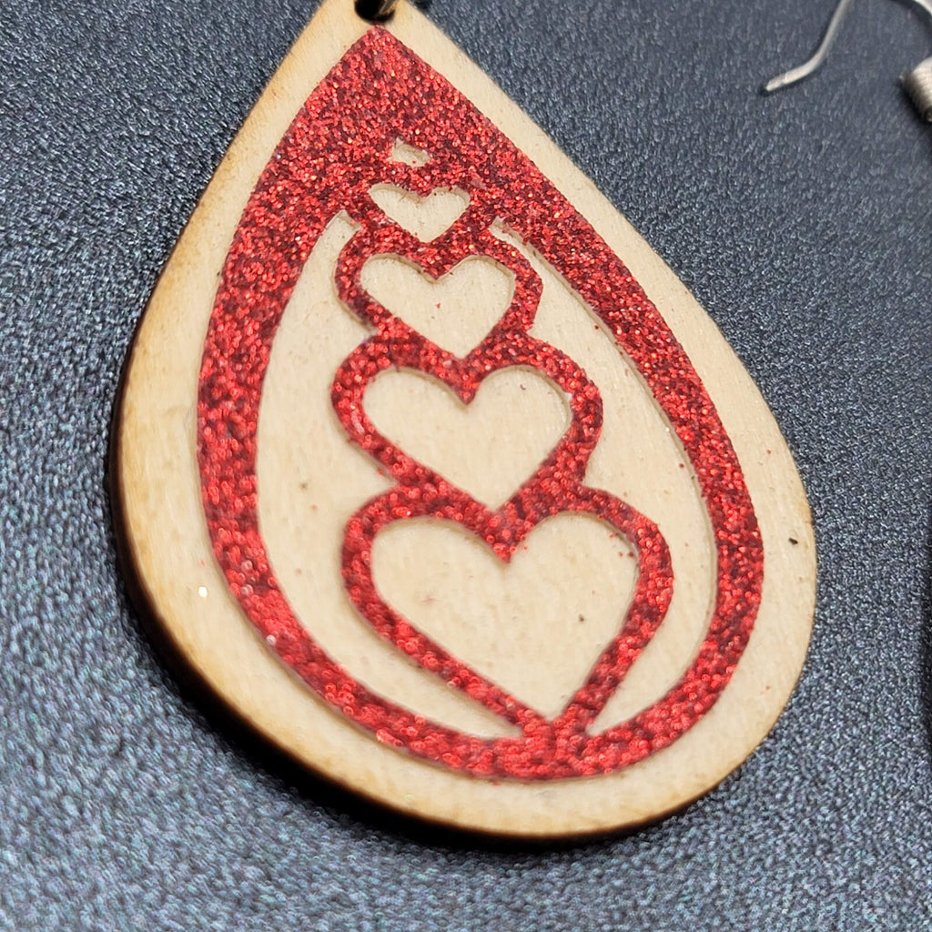 Pierced Earrings Laser Cut Wood Teardrop Red Glitter Hearts Dangle 2.25"