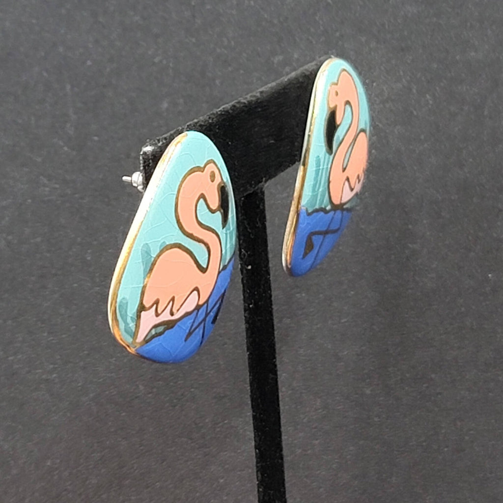 Vintage Flamingo Pierced Earrings Ceramic Hand Painted Drop 1.5"