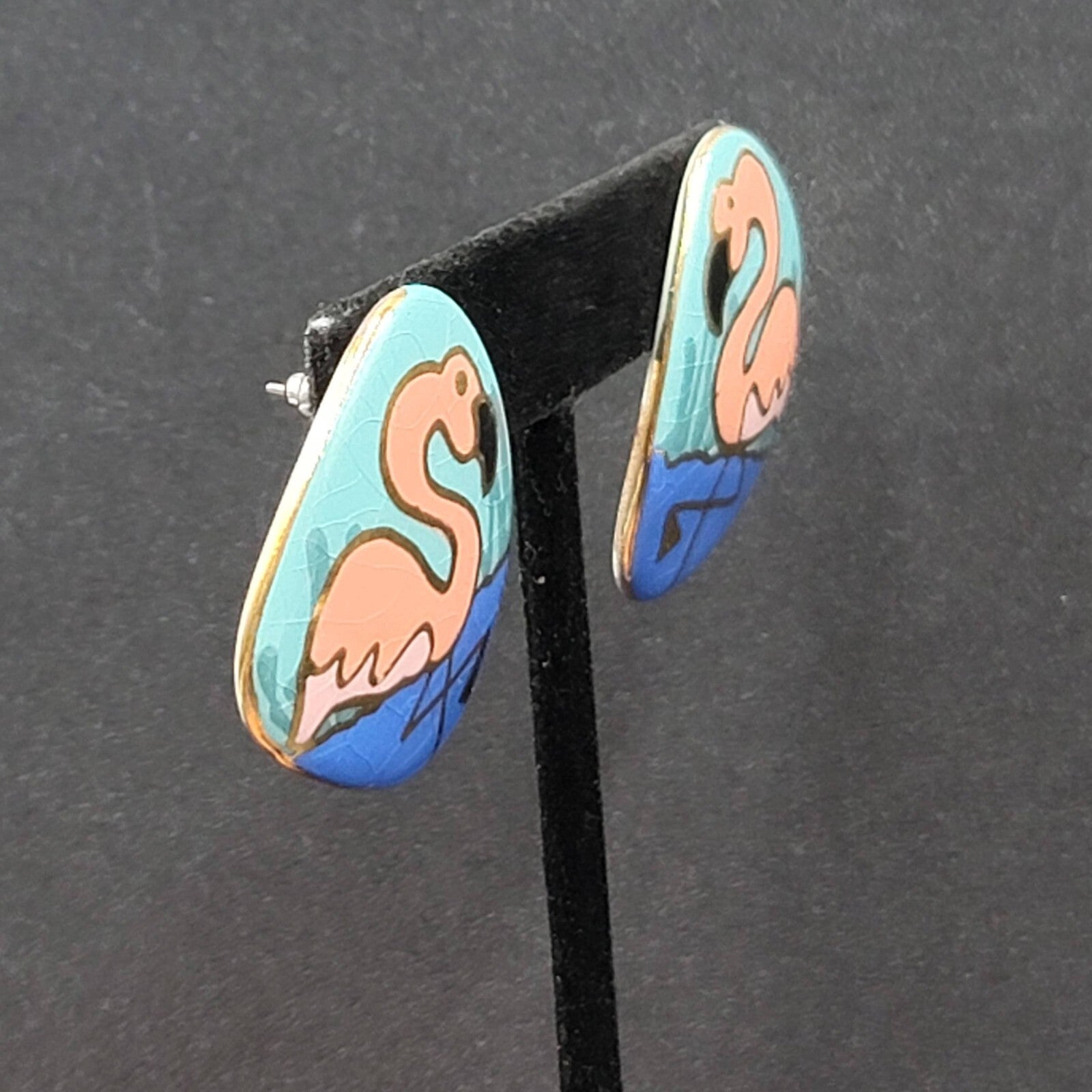 Vintage Flamingo Pierced Earrings Ceramic Hand Painted Drop 1.5"