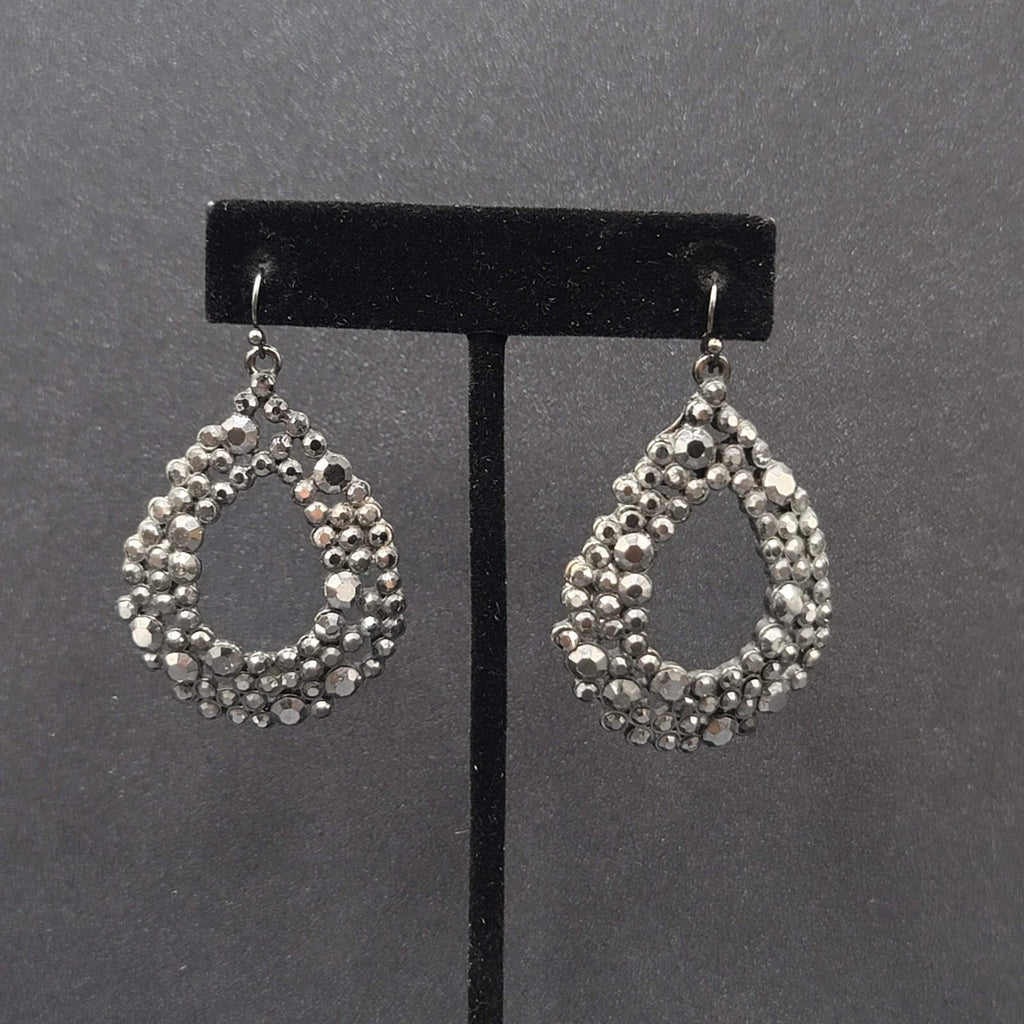 Pierced Earrings Black Metal Rhinestone Open Teardrop 1.75"