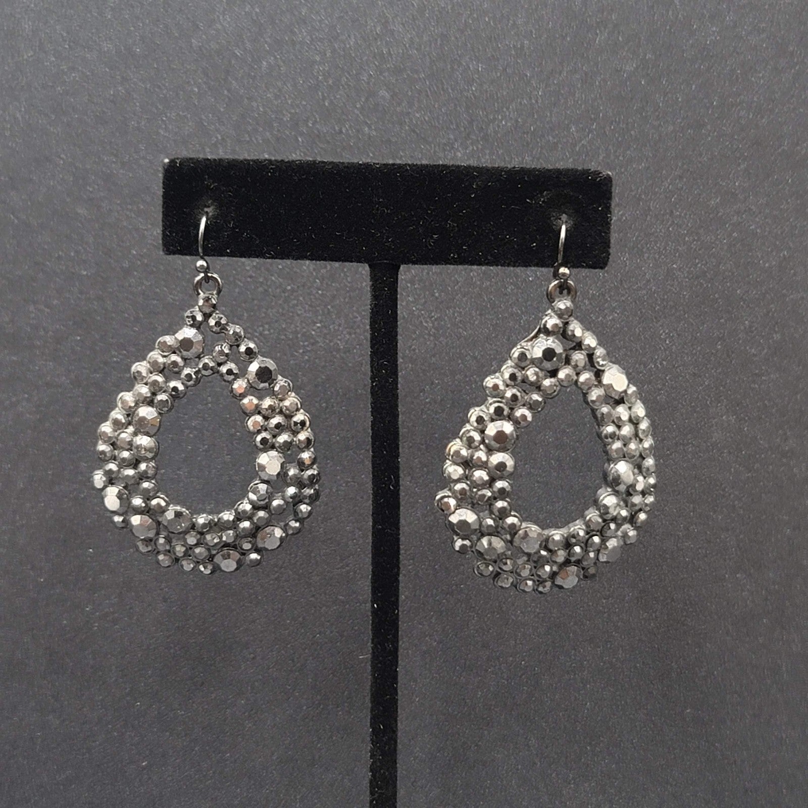 Pierced Earrings Black Metal Rhinestone Open Teardrop 1.75"