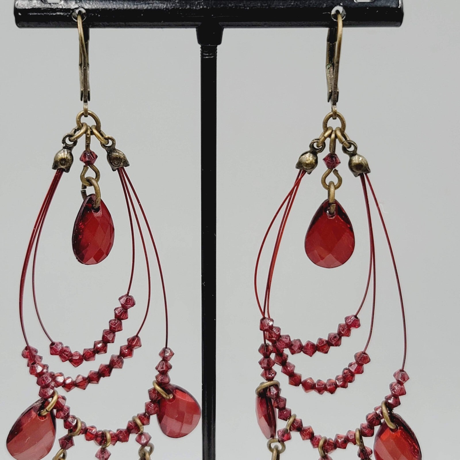 Red Bead Pierced Earrings Bronze tone Dangle Loops 3.5"