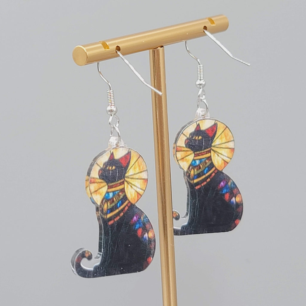 Egyptian Kitty Cat Sun Ray Pierced Earrings Stained Glass Look Acrylic 1.5"