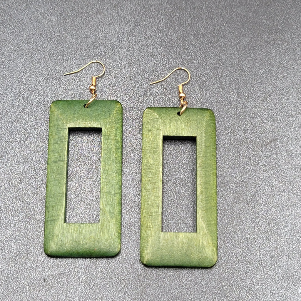 Pierced Earrings Large Green Wood Rectangle Statement Dangle 2.75"