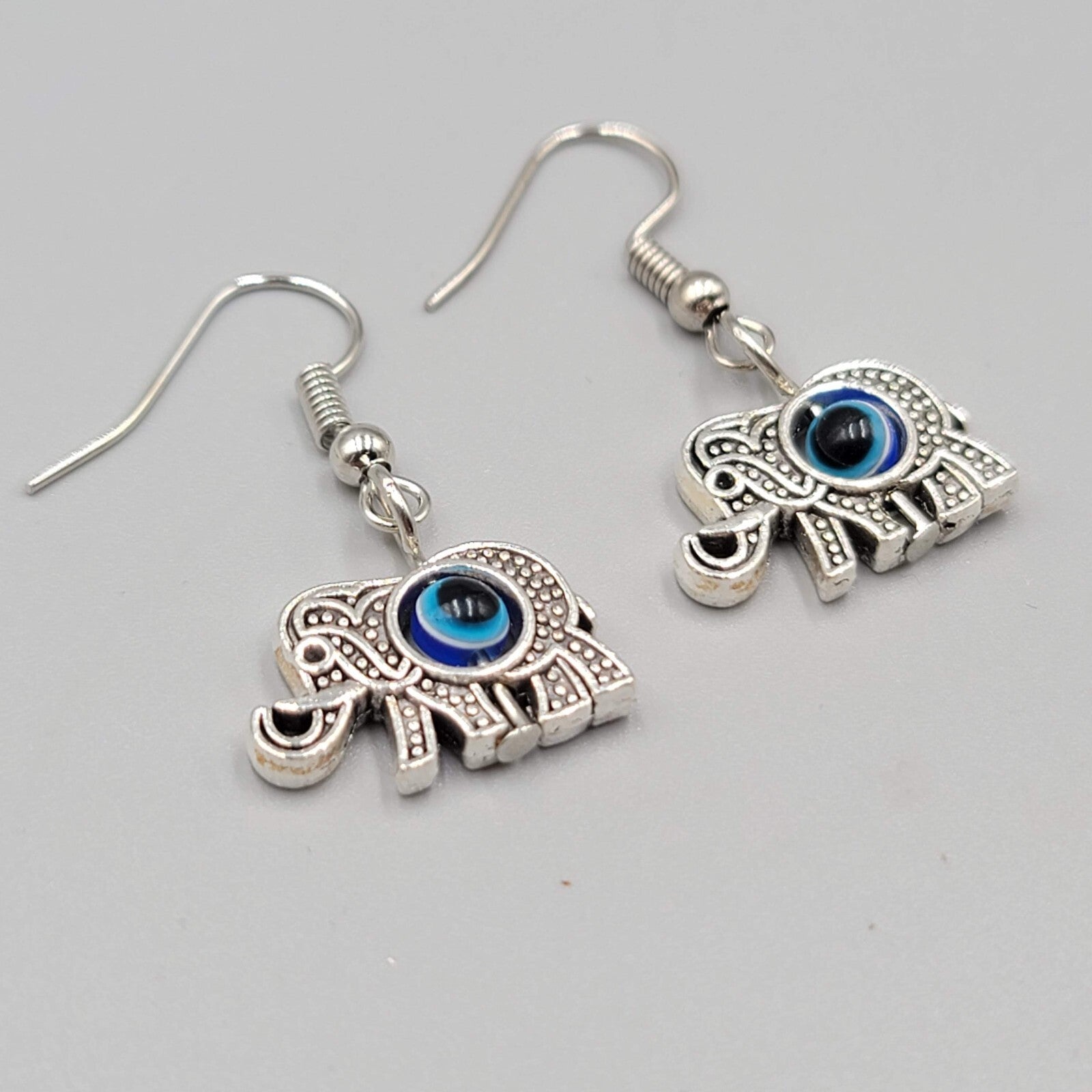 Elephant Evil Eye Pierced Earrings Silver tone Blue Bead Dangle 5/8"