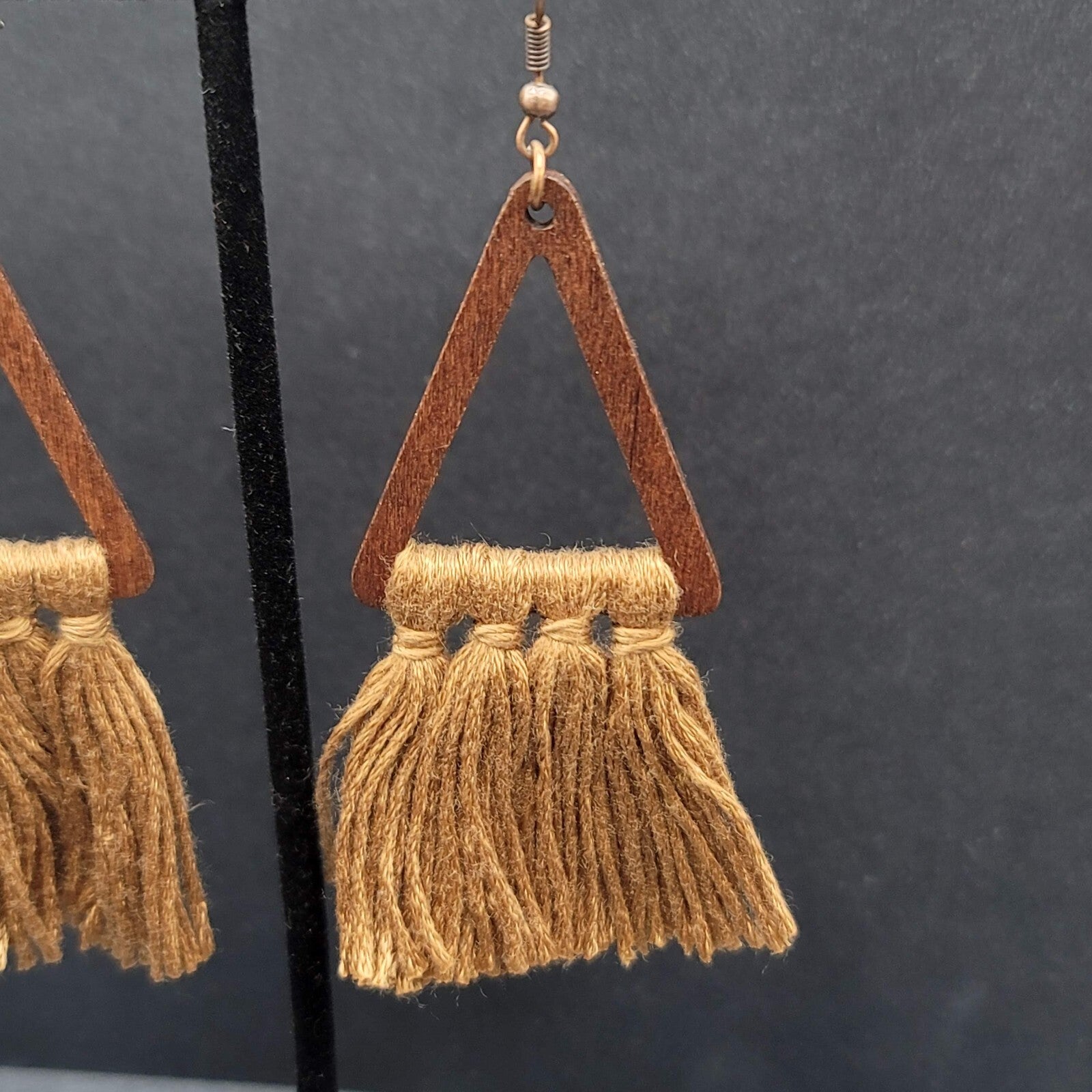 New Boho Pierced Earrings Wood Triangle Gold Brown Tassel Statement 3"