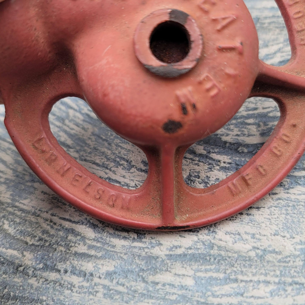 LR Nelson  Cast Iron Lawn Sprinkler Head Red Can't Beat 'Em Peoria IL Garden